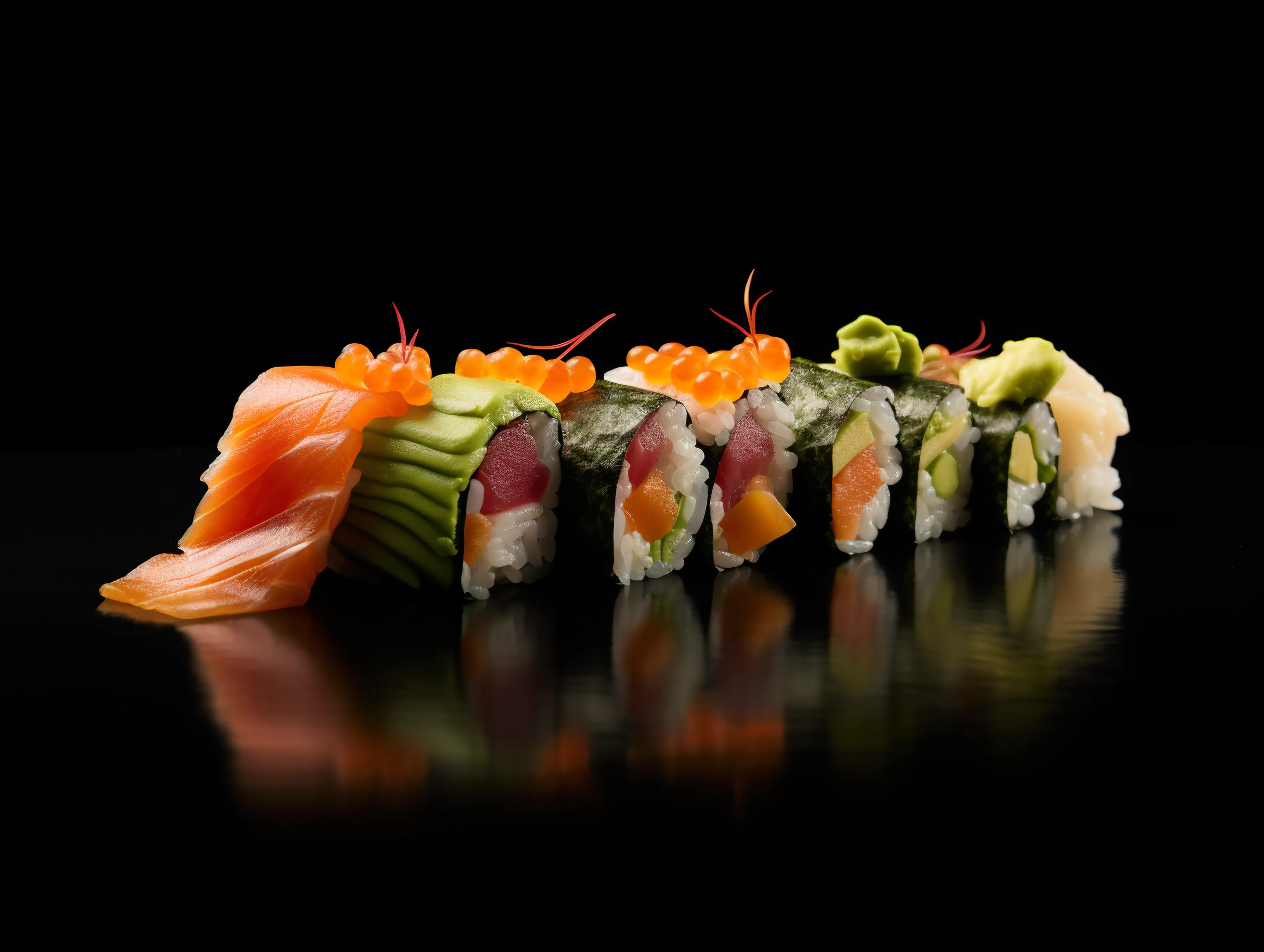 Rainbow sushi roll lined with salmon, avocado, fish roe on reflective black surface at NIGIRI BAR JAPANESE RESTAURANT, a Japanese Restaurant in Jacksonville